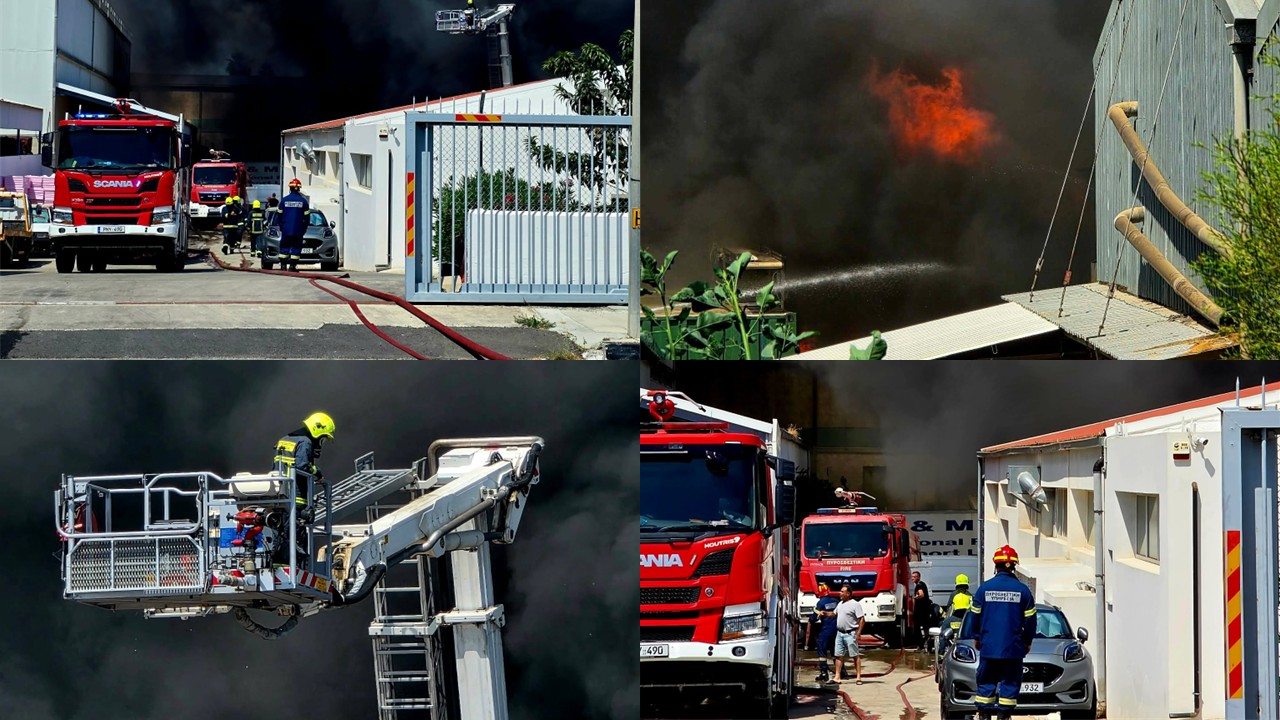 PHOTO: A command center has been set up to manage the major fire at the factory in Aradippou, at the firefighter's hospital