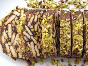 Chocolate mosaic with couverture and pistachios