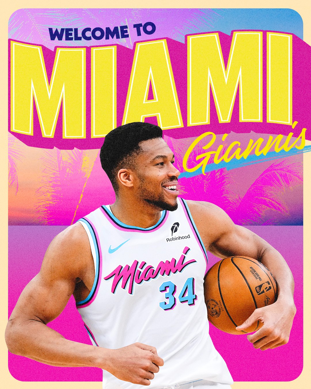 The Heat announced Giannis Antetokounmpo with… a GTA Vice City vibe