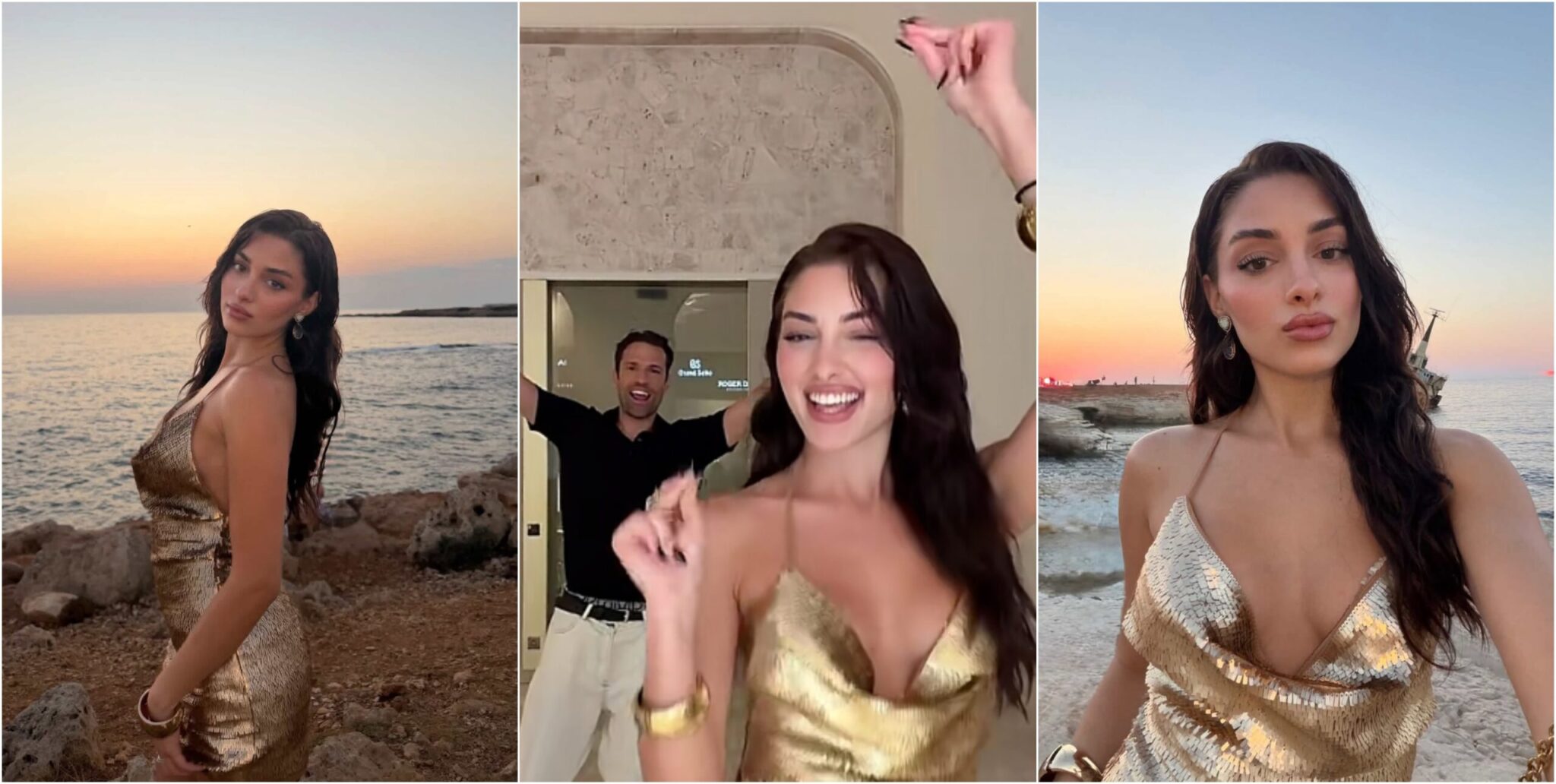 Elena Lysandrou, sporting a golden look, sings the Greek viral hit “Kampanes” with Konstantinos Argyros