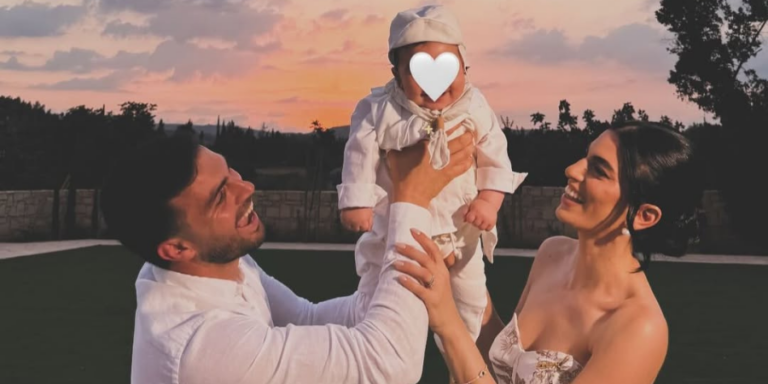 The former Miss Cyprus held an ancient Greek-themed christening for her son