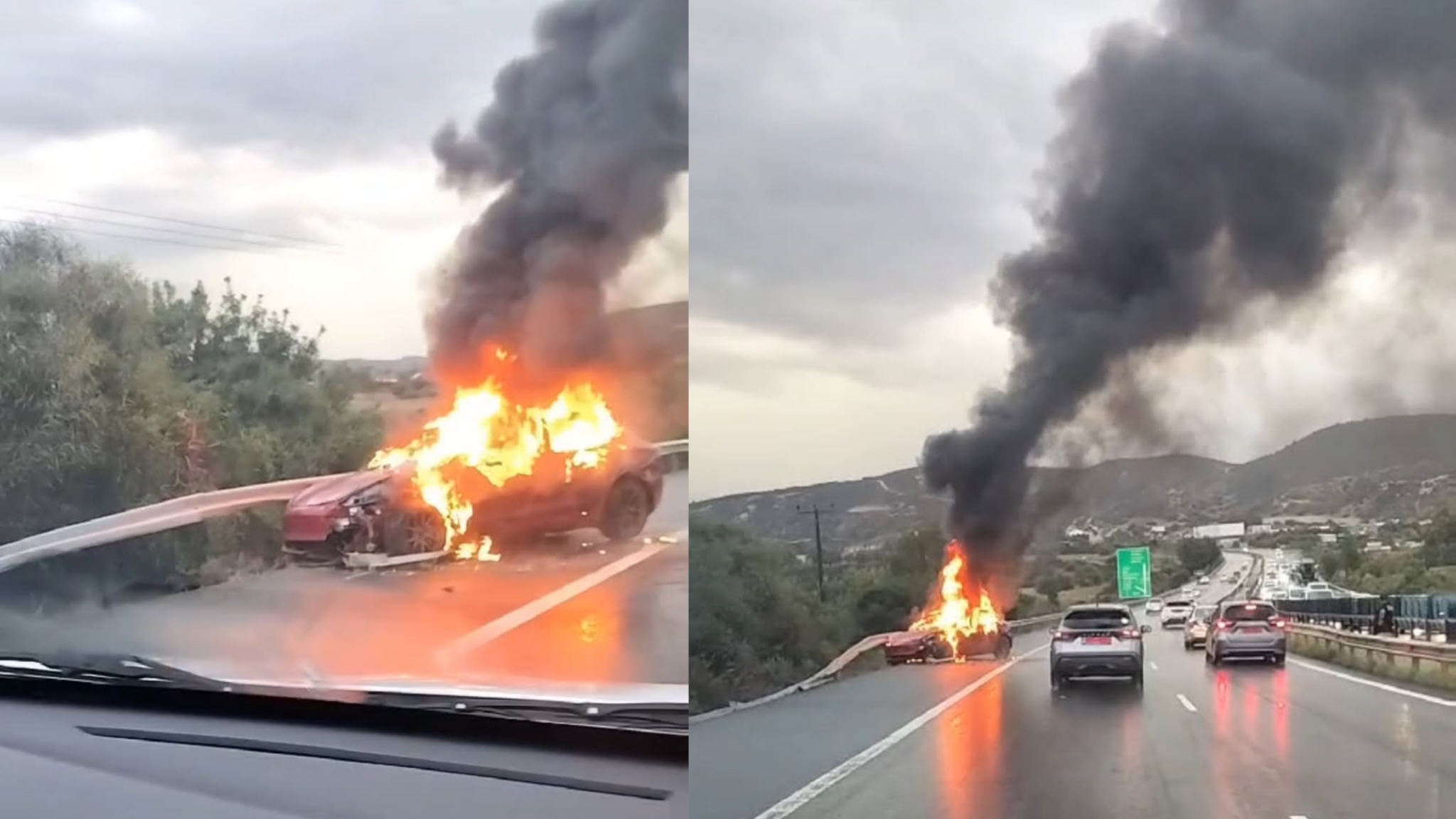 VIDEO: Vehicle “burst into flames” on the highway in the middle of a storm