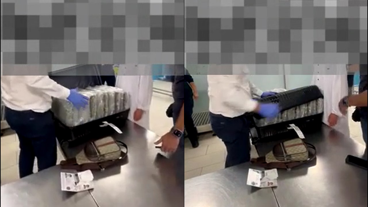 VIDEO: The moment customs officials open the 19-year-old’s suitcases containing 28 kilograms of cannabis